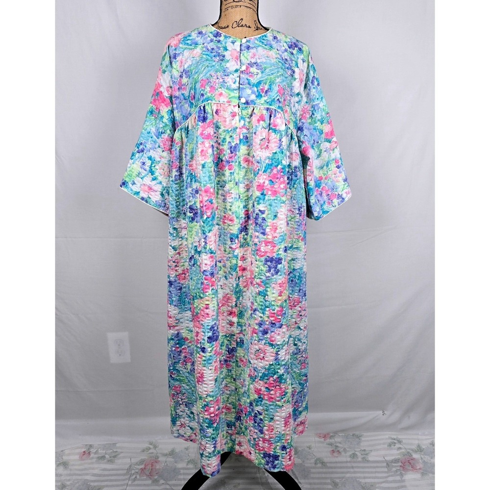 Miss Elaine At Home Floral Seersucker Housecoat Duster Robe Zip Large Blue Pink - Picture 9 of 14
